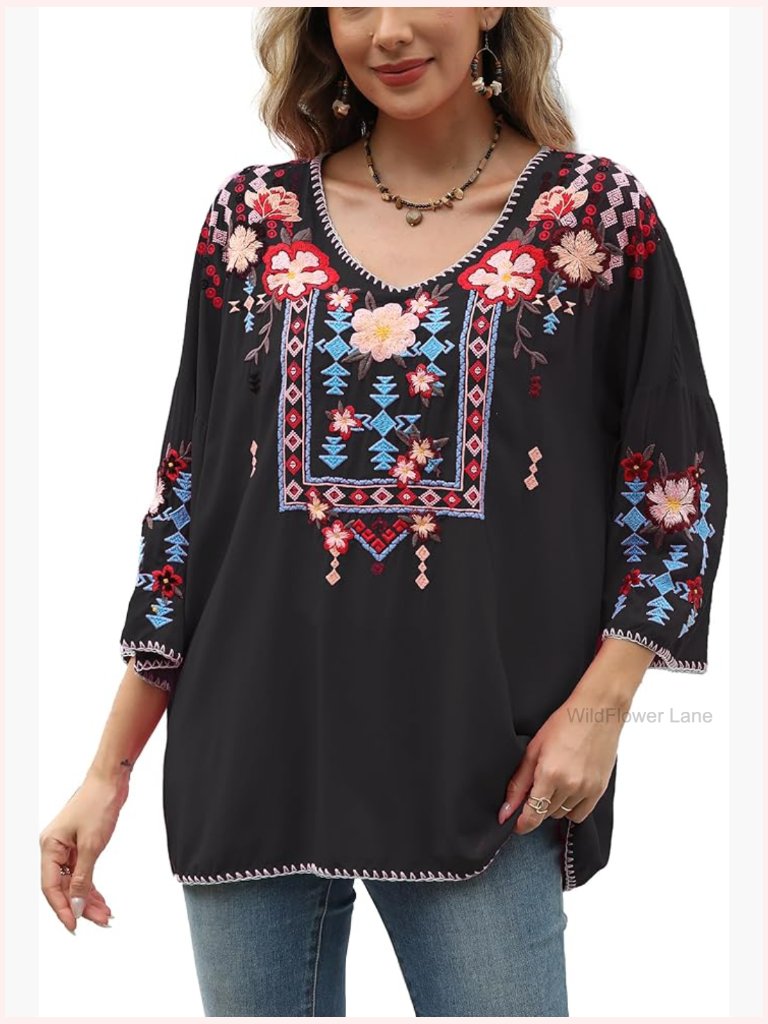 Boho Embroidered Peasant Blouse 3/4 Sleeve Tunic Hippie Top Plus Size